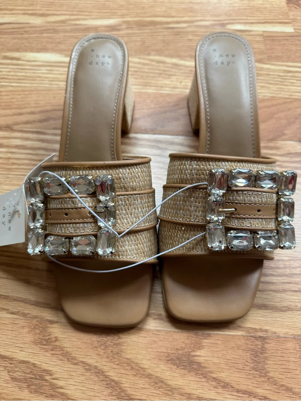 NWT A New Day Tan Raffia Rhinestone Buckle Block Heel Mules Size 10